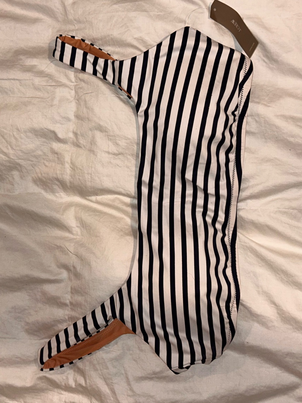 NWT J. Crew Blue and White Striped One-Shoulder Bikini Top with Tan Lining